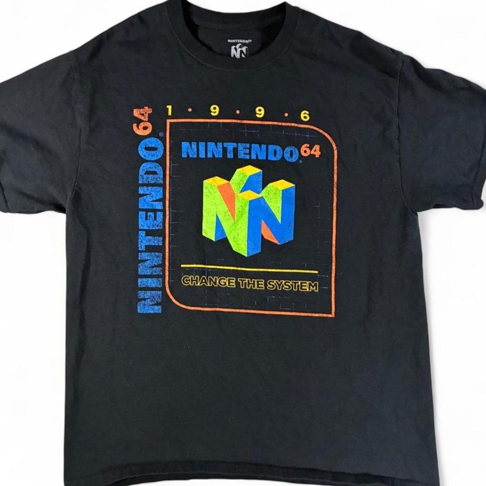Nintendo 64 black cotton t-shirt with blue, green, and orange Nintendo 64 logo
